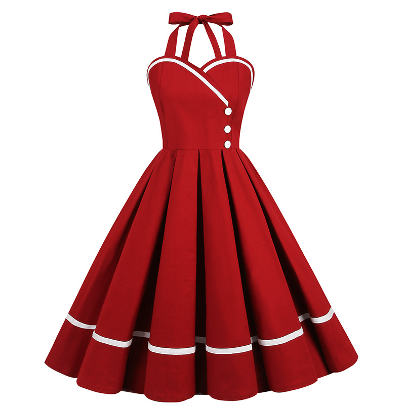 Retro 50S Womens Vintage Spliced Halter Sleeveless A-Line Dress Ponchy Dress
